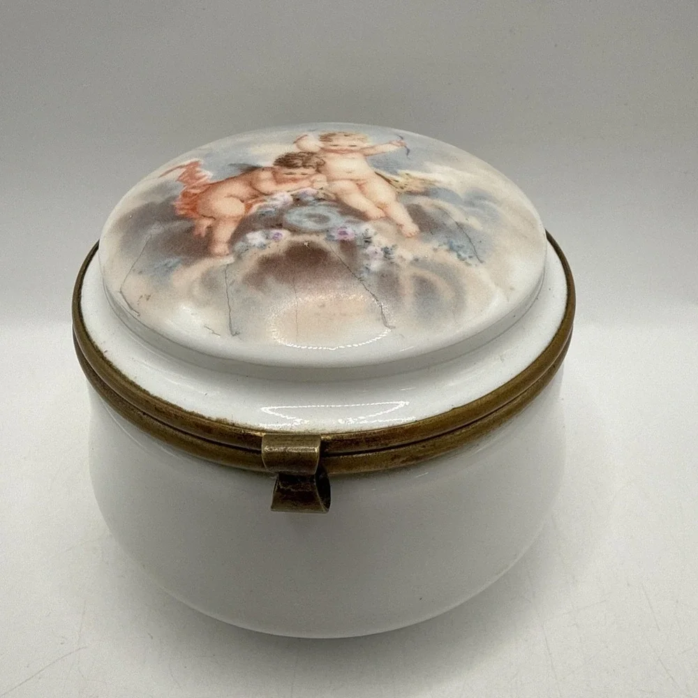 Antique Porcelain Hinged Trinket Box with Cherub Decor Dresser Box